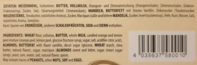 Dresdner Stollen ingredients label