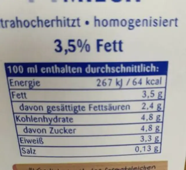 H Vollmilch 3,5 nutrition facts table