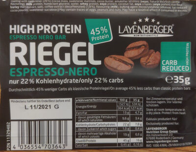 Layenberger Lowcarb. one Protein Riegel Espresso nero front packaging