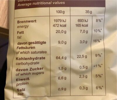 Tortilla Natur Chips nutrition facts table