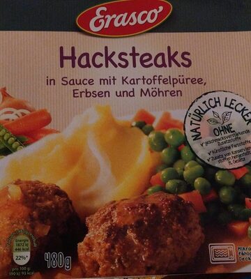 Hacksteaks in Sauce mit Kartoffelpüree und Erbsen und Möhren
