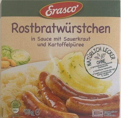 Rostbratwürstchen in Sauce mit Sauerkraut und Kartoffelpüree