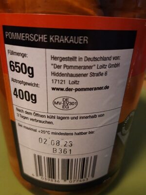 Pommersche Krakauer ingredients label