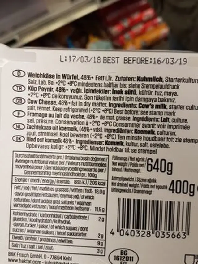 Kaymakli Küp Peynir ingredients label