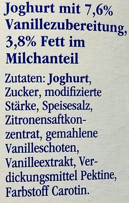 Joghurt - Vanille ingredients label