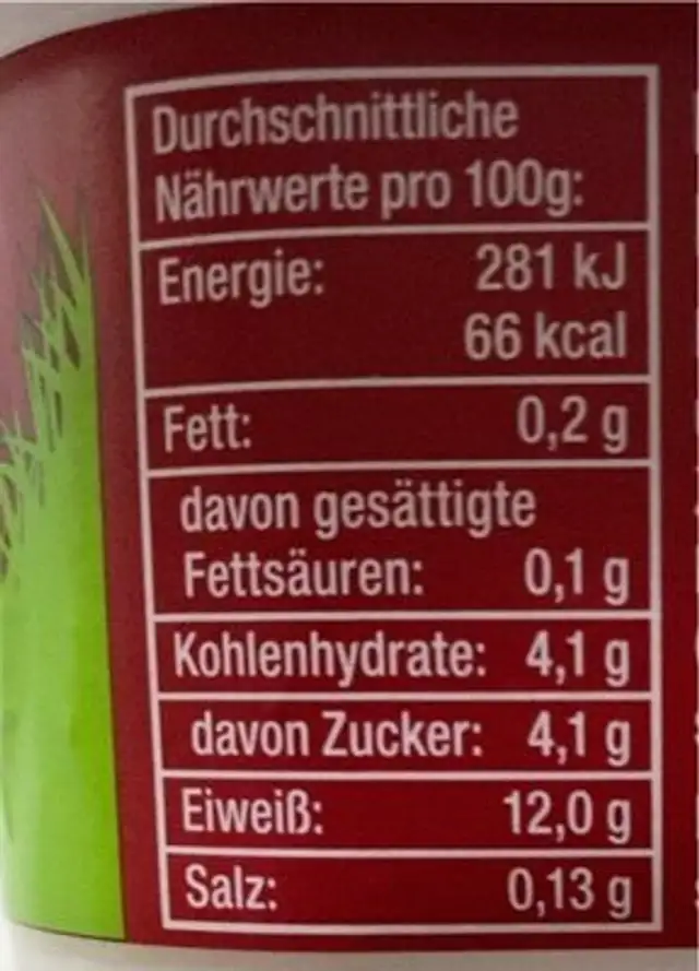 Bio Quark nutrition facts table