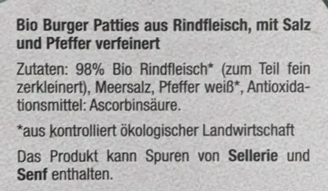 Burger Patties ingredients label
