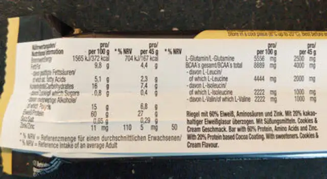 60% Protein Cookies & Cream Flavour nutrition facts table