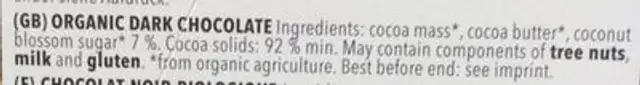 Fine Dark Chocolate 92% ingredients label