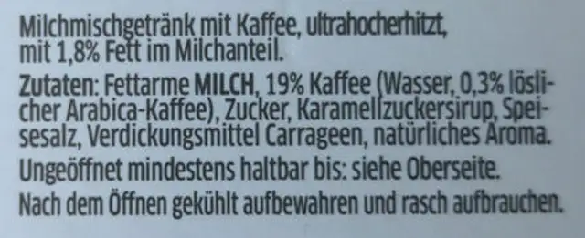 Haltbarer Eiskaffee Klassisch ingredients label