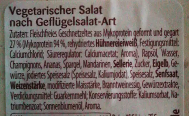 Veggie Geflügelsalat ingredients label
