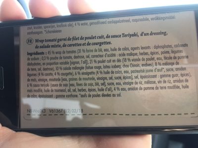 Wrap Poulet Teriyaki ingredients label