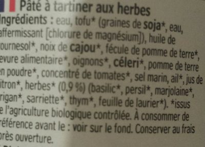 Pâté Herbes ingredients label
