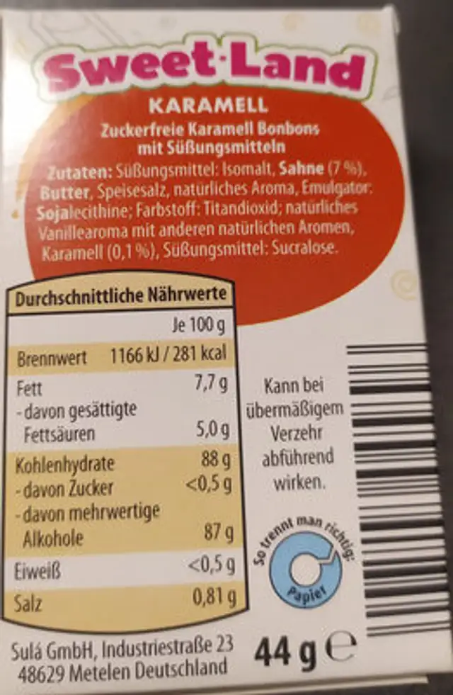 Pocket box karamell ingredients label