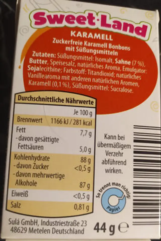 Pocket box karamell nutrition facts table