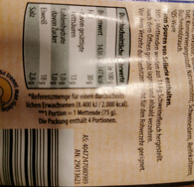 Mettenden nutrition facts table