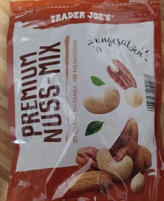 Premiumnuss-Mix mit Mandel-, Cashew-,  Pekan-, Macadamia-  & Paranusskernen, ungesalzen front packaging