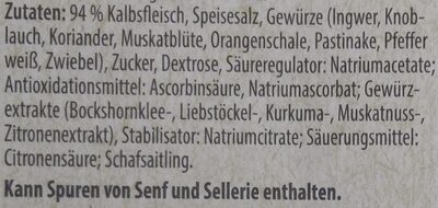 Kalbs Bratwurst ingredients label