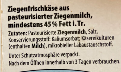 Ziegenfrischkäsetaler ingredients label
