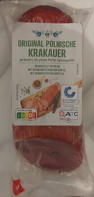 Original Polnische Krakauer, geräuchert, mit grünem Pfeffer front packaging