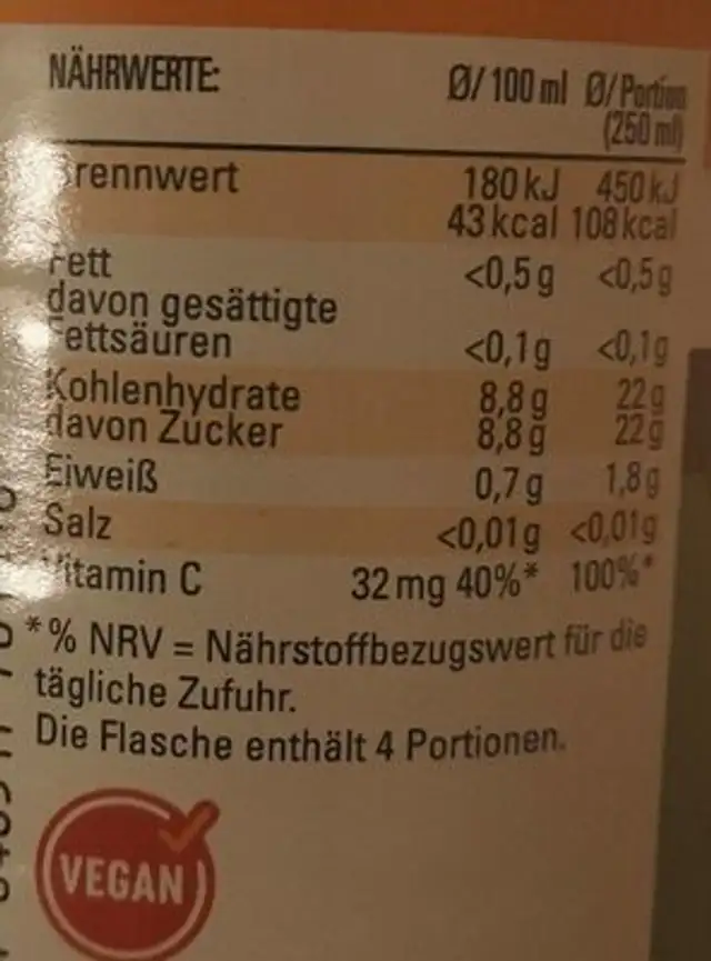 hohes C Orangensaft PETE 1 0.25€ Pfand hohes C Saft 1l 0.99€ nutrition facts table