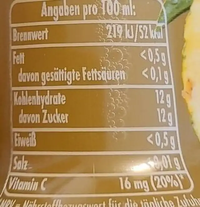 Ananas nutrition facts table