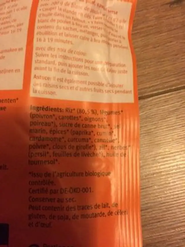 Riz Pilaf ingredients label