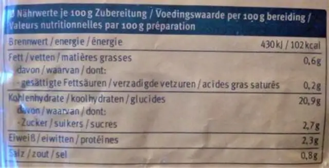 Riz Pilaf nutrition facts table