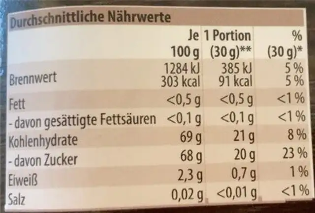 Datteln Deglet Nour nutrition facts table