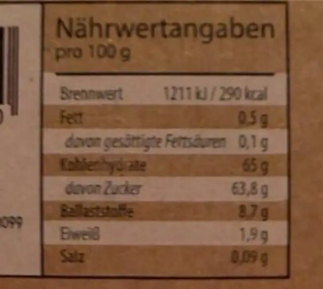 Alinda nutrition facts table