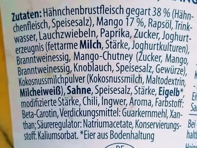 Geflügelsalat mit Mango und Chili ingredients label