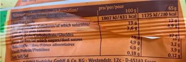 Energy Oatsnack nutrition facts table