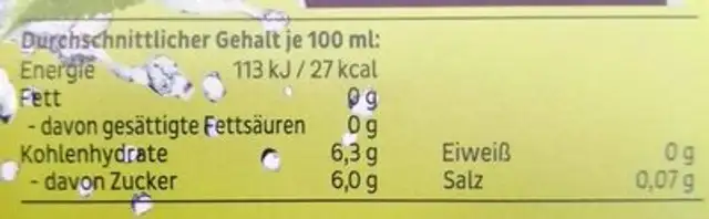 Apfelschorle nutrition facts table