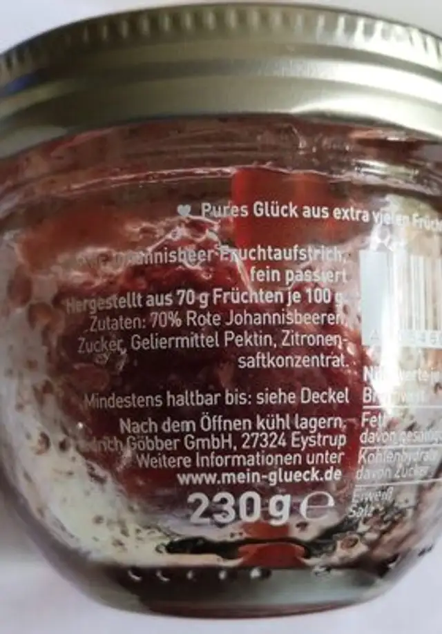 Glück passiert ingredients label