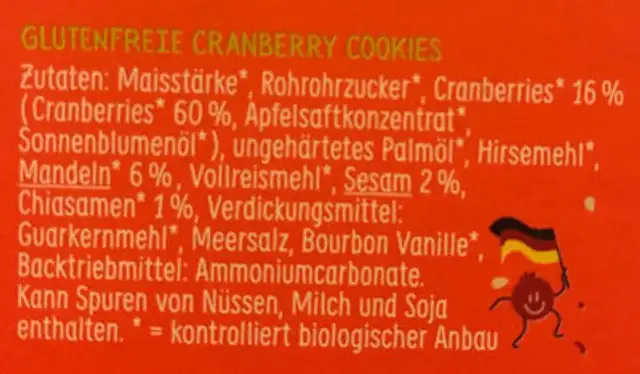 Cookies Cranberry, Mandel & Sesam ingredients label