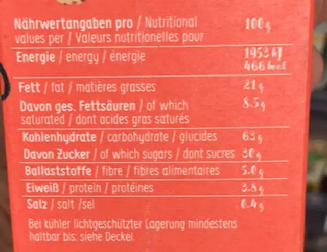Cookies Cranberry, Mandel & Sesam nutrition facts table