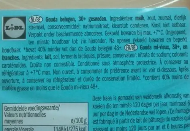 Gouda light mi-vieux ingredients label