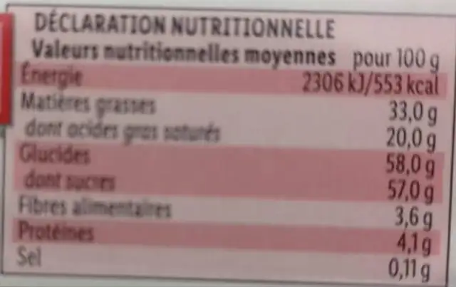 Escargots chocolat noir praliné nutrition facts table