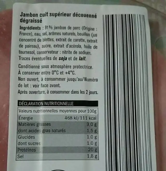 Jambon supérieur sans couenne Saint Alby ingredients label