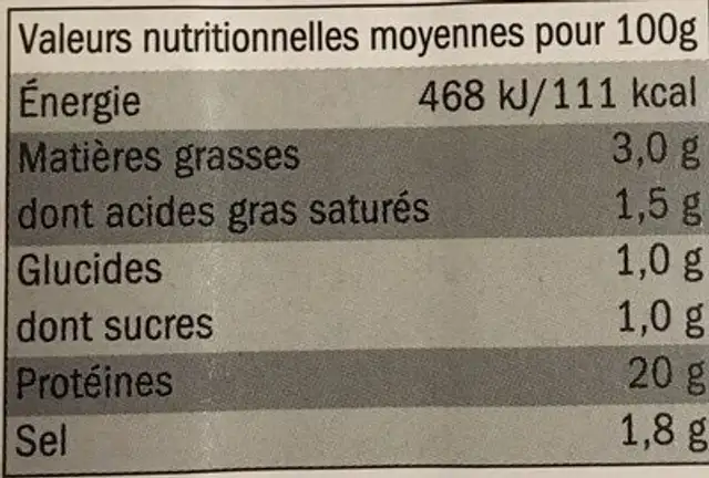Jambon supérieur sans couenne Saint Alby nutrition facts table