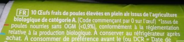 Œufs frais bio x10 ingredients label