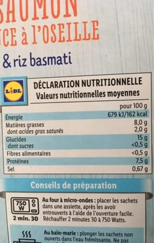 Saumon sauce à l oseille et riz basmati nutrition facts table