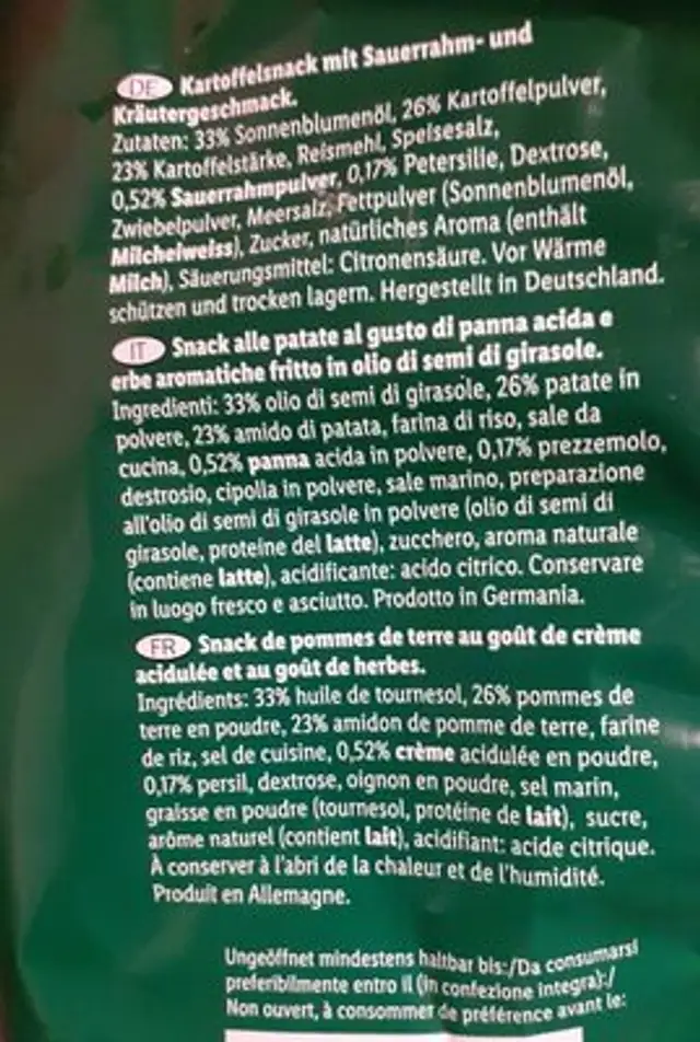 Snack sole ingredients label