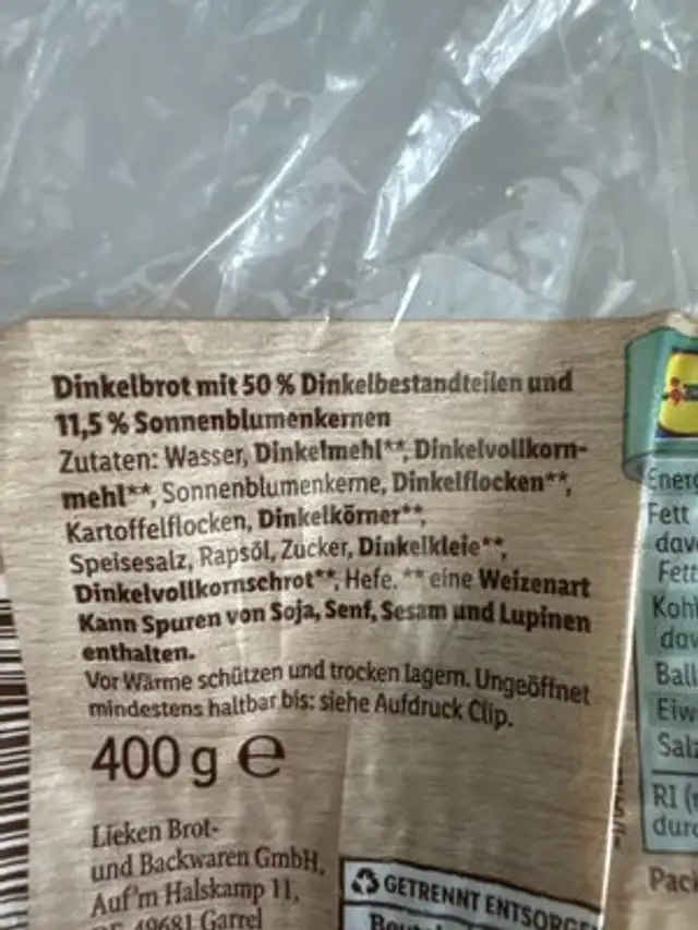 Dinkelschnitten mit Sonnenblumenkernen ingredients label