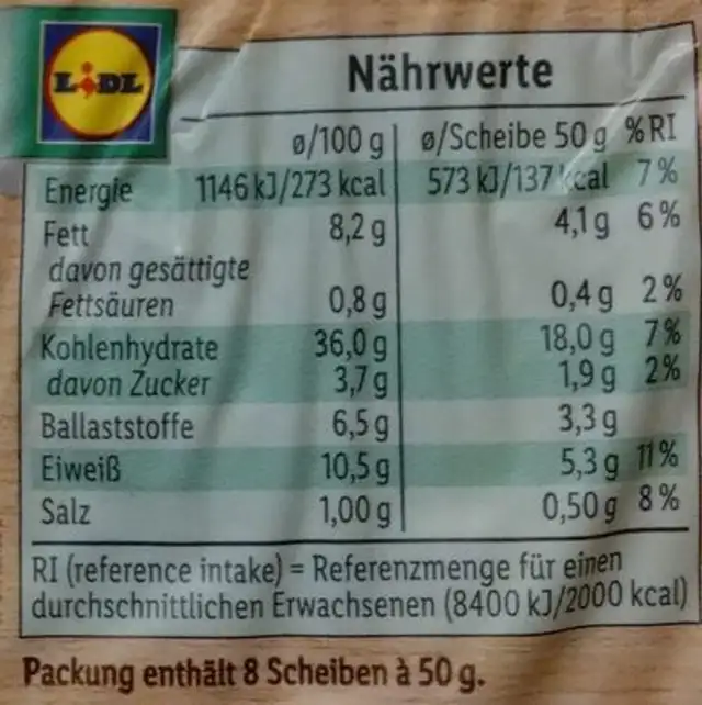 Dinkelschnitten mit Sonnenblumenkernen nutrition facts table