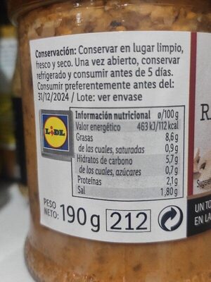 Ragú de setas ingredients label