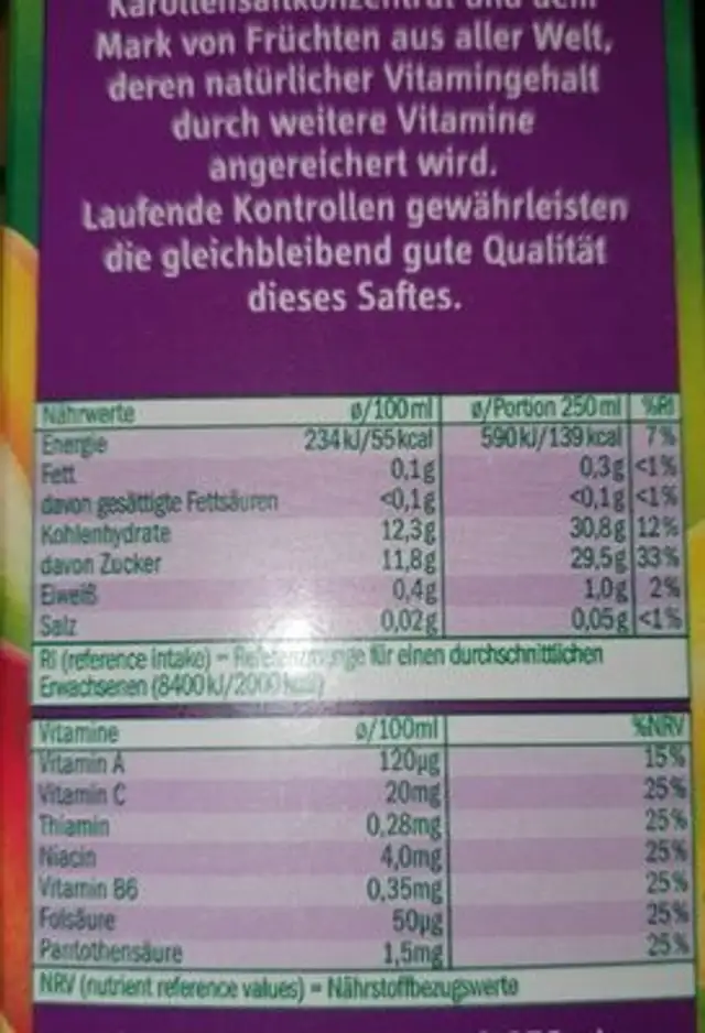Multivitaminsaft nutrition facts table