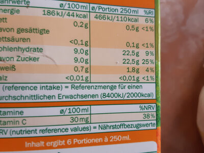 Orangensaft 100% ingredients label