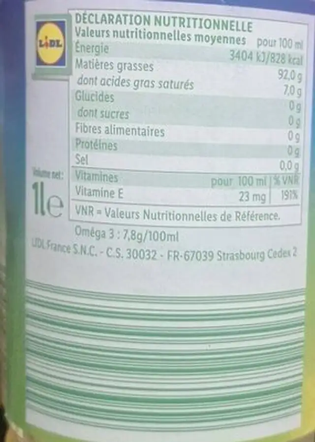 Rapsöl nutrition facts table