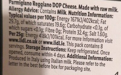 Parmigiano Reggiano nutrition facts table